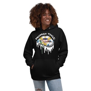 Unisex Premium Hoodie:Black. Virgin Islands flag lip design. Brand name- white.