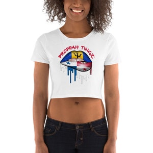 Women’s Crop Tee: Barbados/Panama Flag Lip Design. Brand Name- Red.