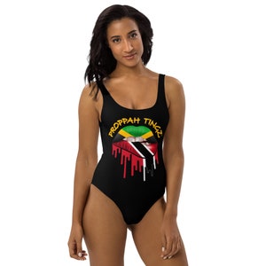 One-Piece Swimsuit- Black. Jamaica/Trinidad flag lip design. Brand name: Yellow.