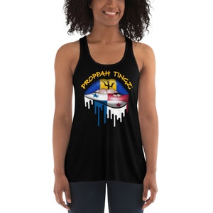 Women&#39;s Flowy Racerback Tank: Black. Barbados/Panama Flag Lip Design. Brand Name- Yellow