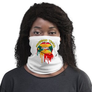 Neck Gaiter: White. Grenada Flag Lip Design. Brand Name- Yellow/Black Tracing.