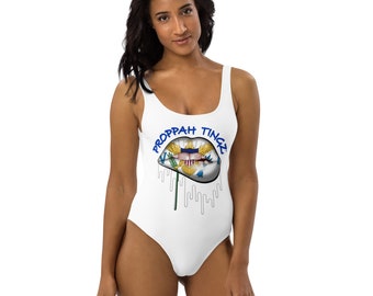 One-Piece Swimsuit:  White. Virgin Islands flag lip design. Brand name- blue.