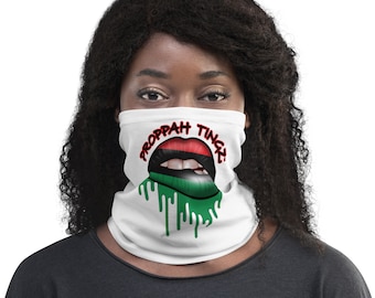 Neck Gaiter- White. Pan African Flag Lip Design. Brand Name: Black/Red Tracing.