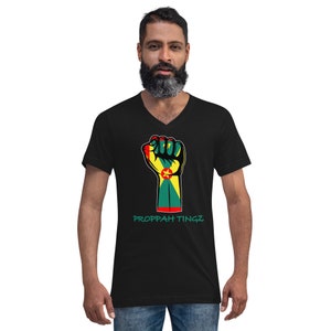 Unisex Short Sleeve V-Neck T-Shirt: Grenada Flag Fist Design. Brand Name- Green.