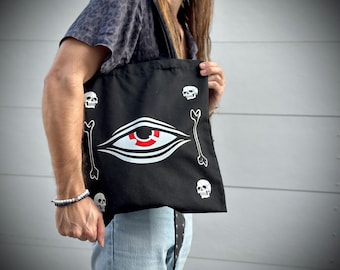 Third Eye Black Tote Shoulder Bag Gothic Evil Wiccan Occult Organic Cotton Chakra Horror Canvas Witch Necro