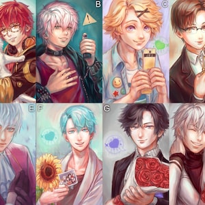 May include: A collection of eight anime-style portraits of young people. Each portrait features a different character with unique hairstyles, clothing, and accessories. Some characters hold objects like a cat, a phone, and flowers.