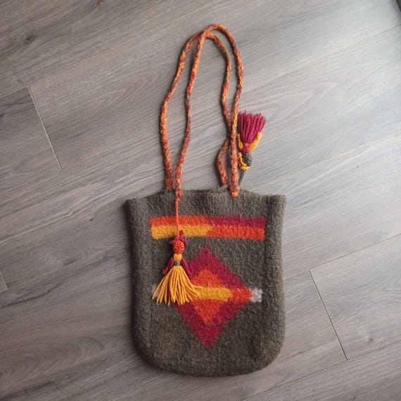 Hand Felted Wool Tote Bag Geometric Design