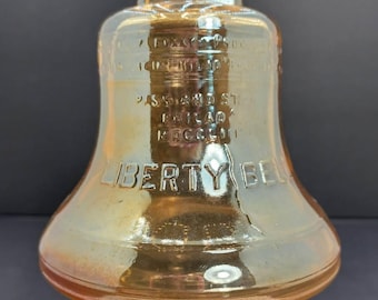 Vintage Iridescent Amber Liberty Bell Bank - A Penny Saved Is A Penny Earned -  Carnival Glass Style Savings Bank - Americana Collectible