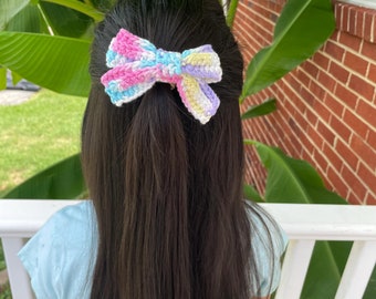Handmade Crochet Hair Bow: Rainbow Cotton Hair Accessories