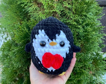 Crochet Heart Penguin Plushie: Chubby Handmade Desk Decor