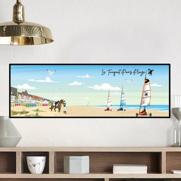 AFFICHE ILLUSTRATION panoramique le Touquet chars a voile cabine de plage