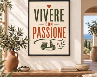 Retro Italian "Vivere con Passione" poster – Scooter and dolce vita wall decoration