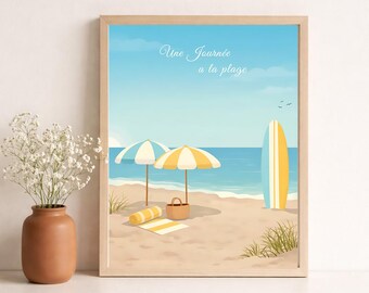 Seaside poster - Beach umbrella surfing - vacation - colorful