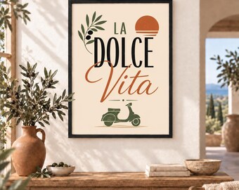 Retro Italian La Dolce Vita Poster – Scooter and Sun Wall Decor