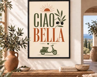 Retro Italian Ciao Bella poster – Scooter and olives wall decoration