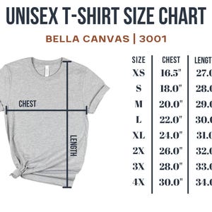 Puede incluir: Tabla de tallas de camiseta unisex para Bella Canvas 3001. La tabla muestra las medidas de pecho y largo en pulgadas para las tallas XS a 4X.