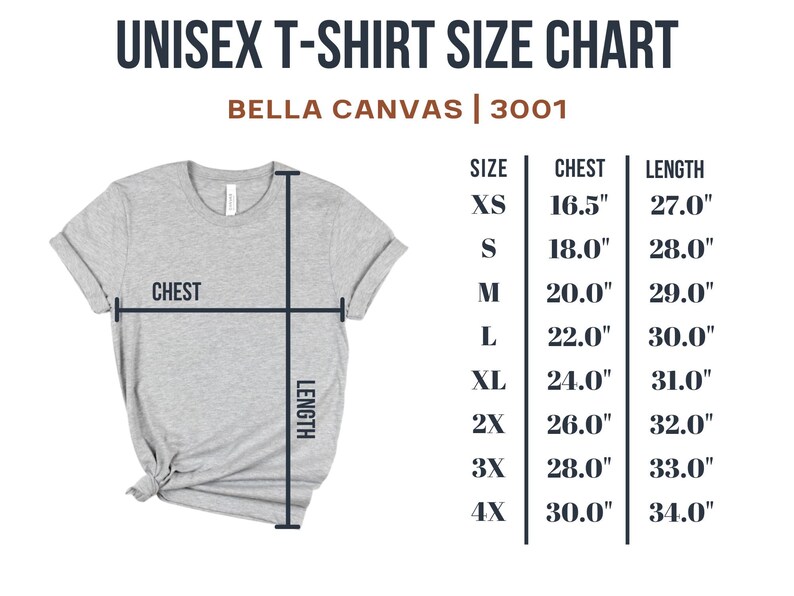 Puede incluir: Tabla de tallas de camiseta unisex para Bella Canvas 3001. La tabla muestra las medidas de pecho y largo en pulgadas para las tallas XS a 4X.