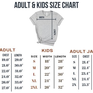 May include: A size chart for adult, kids, and adult jacket sizes. The chart includes measurements for chest and length in inches. The text "ADULT & KIDS SIZE CHART" is at the top.