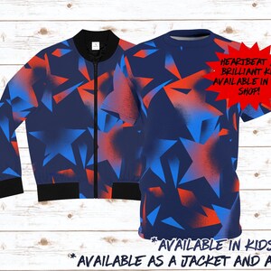 May include: A navy blue jacket and t-shirt set with a vibrant geometric star pattern in shades of blue and orange. The t-shirt has a red starburst graphic with text. Available in kids sizes and as a jacket and shirt.