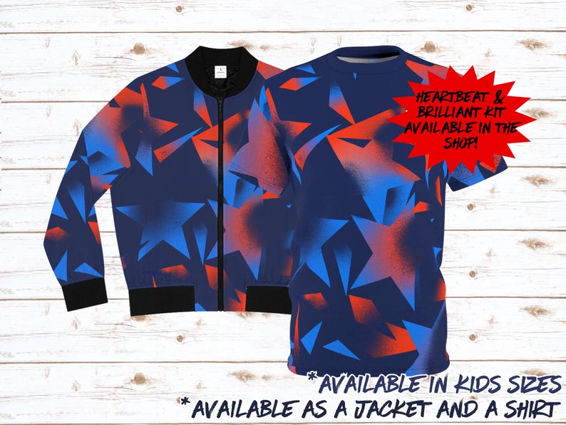 May include: A navy blue jacket and t-shirt set with a vibrant geometric star pattern in shades of blue and orange. The t-shirt has a red starburst graphic with text. Available in kids sizes and as a jacket and shirt.