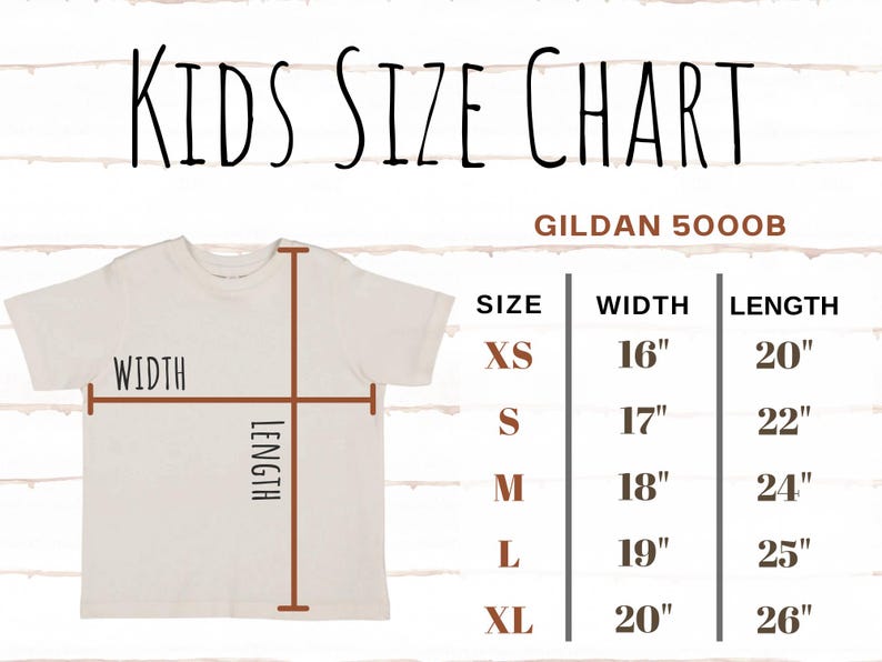 Puede incluir: Tabla de tallas para ni&ntilde;os para camisetas Gildan 5000B. La tabla muestra el ancho y la longitud en pulgadas para las tallas XS, S, M, L y XL.
