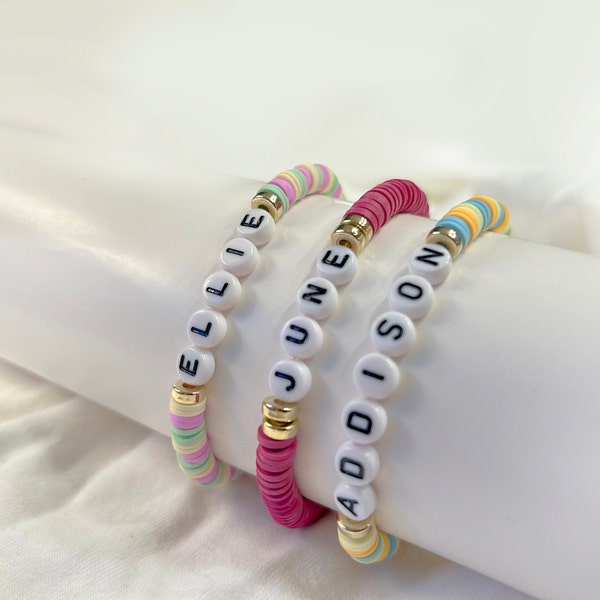 Custom Name Bead Bracelets, Clay Beads, Hand-made