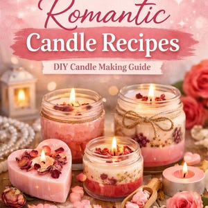 May include: A book cover titled "16 Romantic Candle Recipes" with the subtitle "DIY Candle Making Guide." The image shows lit candles in glass jars and a heart-shaped candle, decorated with rose petals and flowers. The color palette is soft pink and white.