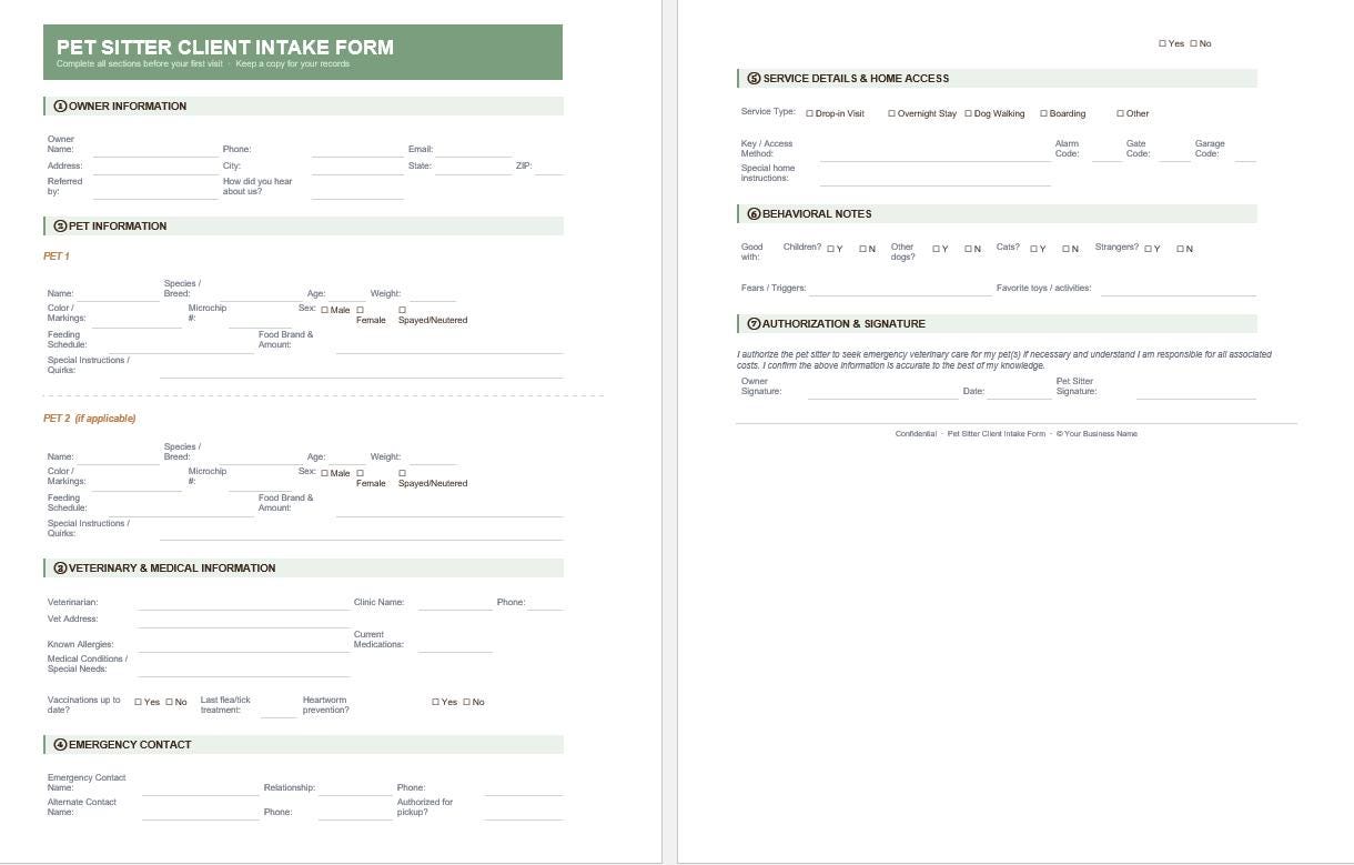 Pet Sitter Client Intake Form | Dog Walker New Client Business Template ...