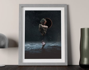 Abstract Space Poster Surrealist Night Sky Asteroid Reach for the stars Collage with cut outs Surreal art poster