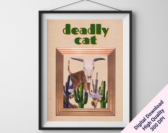 funny cat cactus poster surreal art collage deadly cat humorous cactus