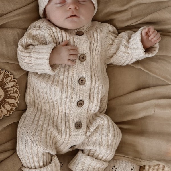 Baby Mädchen/Jungen gerippter Strampler, Gender Neutral Neugeborenen Outfit - Honigmilch. Baby Going Home Outfit, Fotoshooting und Alltagsmode Strampler.