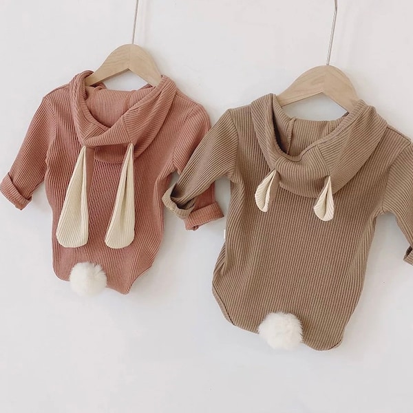 Baby Bunny Onesie Rompers with Cute Long Rabbit Ears, Cotton Long Sleeve Gender Neutral Outfit for Easter