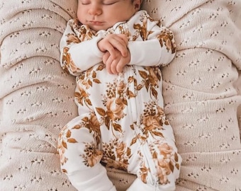Newborn Baby Girl Botanic Romper with Bow: Floral Double Zip Jumpsuit with Matching Bow. Newborn Baby Gift, Baby Going Home Outfit.