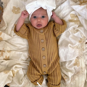 Baby Ribbed Romper, Gender Neutral Newborn Outfit - Mustard. Baby Going Home Outfit, Photoshoot and Everyday Wear Romper.