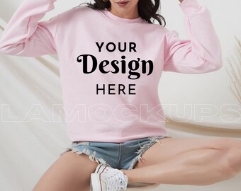 Gildan 18000 Mockup | Gildan Light PINK Sweatshirt Mockup | PINK Sweatshirt Mockup | Model Mockup