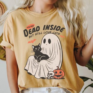 Comfort Colors® Retro Halloween Shirt, Funny Cat Shirt, , Black Cat Halloween Shirt, Ghost Shirt, Dead Inside But Still Love Cats