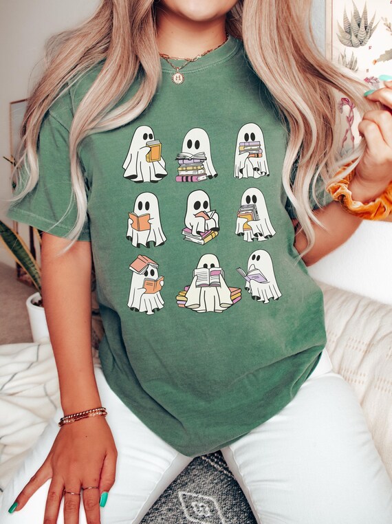 Ghost Reading Book Halloween Shirt, Cute Girly Ghost T-Shirt, Spooky Season Tee, Comfort Colors® Fall Halloween Gift