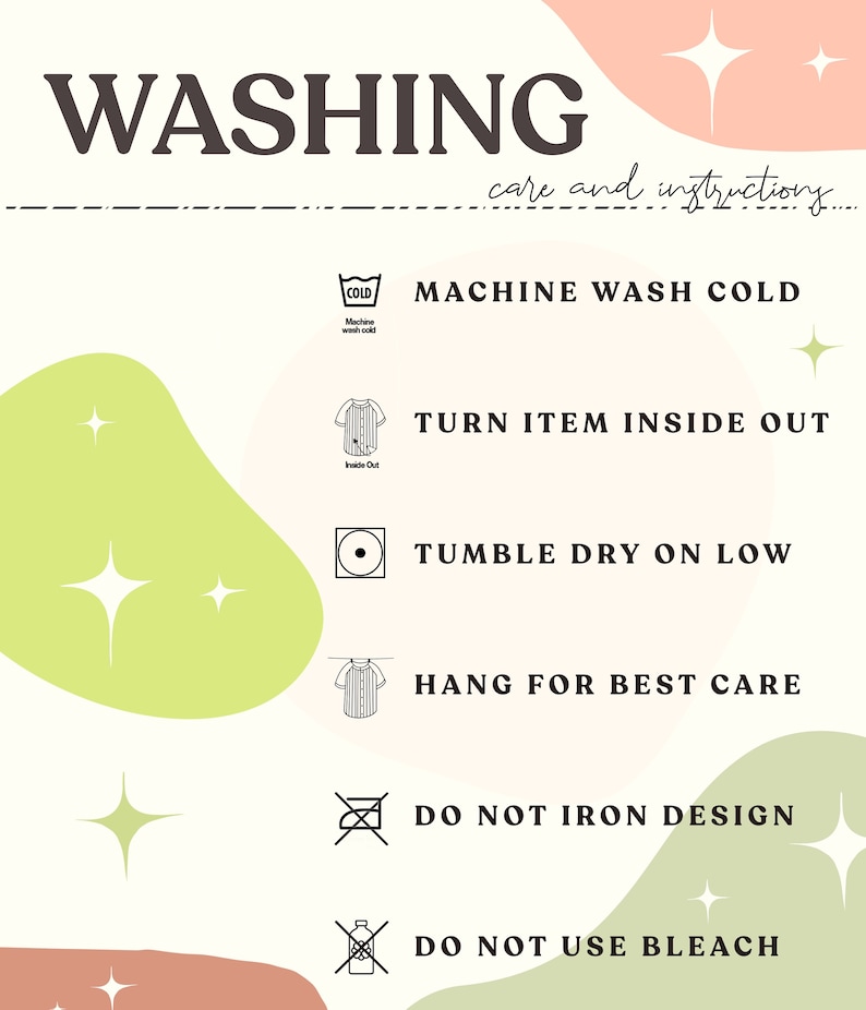 Puede incluir: Instrucciones de lavado para una prenda de vestir. Las instrucciones incluyen lavar a m&aacute;quina con agua fr&iacute;a, voltear la prenda del rev&eacute;s, secar en secadora a baja temperatura, colgar para secar, no planchar el dise&ntilde;o y no usar lej&iacute;a.