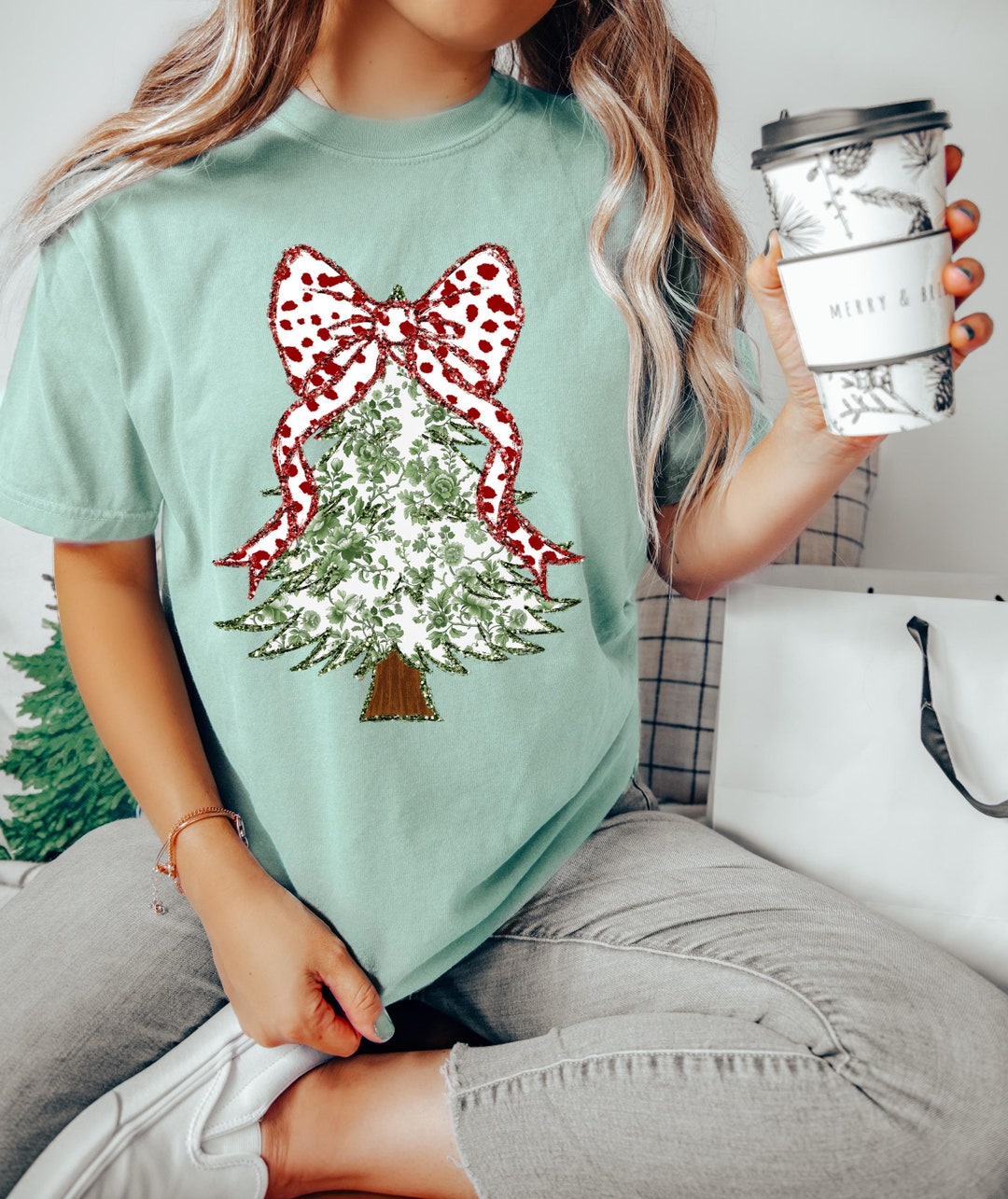 Comfort Colors® Christmas Tree Bow Shirt, Christmas Gift, Glitter ...