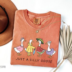 May include: A peach-colored t-shirt with a graphic of four geese. The geese are wearing different outfits, including a pink dress, a yellow raincoat, a watermelon costume, and a purple tutu. The text "Just a Silly Goose" is printed below the geese.