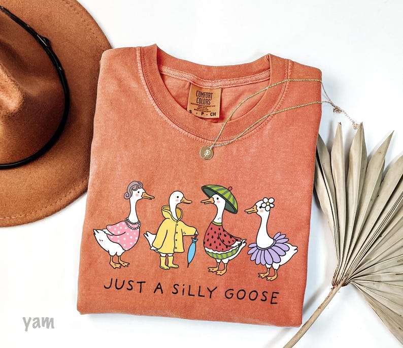 May include: A peach-colored t-shirt with a graphic of four geese. The geese are wearing different outfits, including a pink dress, a yellow raincoat, a watermelon costume, and a purple tutu. The text "Just a Silly Goose" is printed below the geese.
