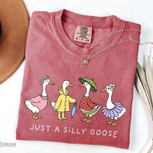 May include: A red t-shirt with a graphic of four geese. The geese are wearing different outfits, including a watermelon costume, a raincoat, a tutu, and a necklace. The text "Just a Silly Goose" is printed below the geese.