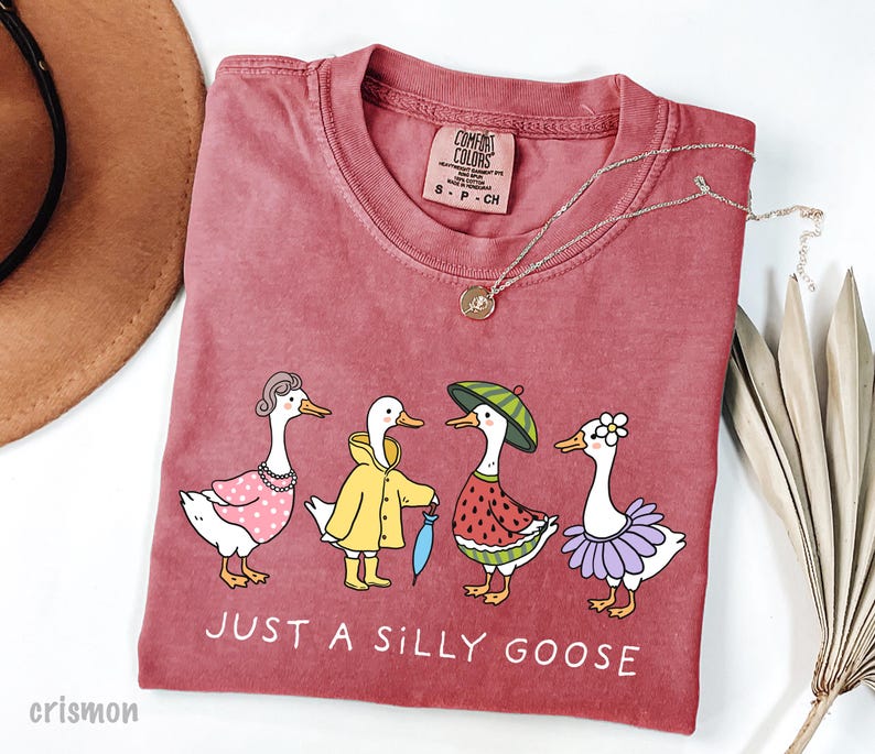 May include: A red t-shirt with a graphic of four geese. The geese are wearing different outfits, including a watermelon costume, a raincoat, a tutu, and a necklace. The text "Just a Silly Goose" is printed below the geese.