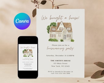 May include: A housewarming party invitation with a watercolor illustration of a house. The invitation reads "We bought a house!" and includes the date, time, and address of the party. RSVP information is also included.