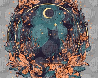 Diseño intrincado del gato de la bruja - Naranja/Verde azulado / Imprimible para camisas, pegatinas y colorear / Estilo de diseño de tatuajes / Descarga digital