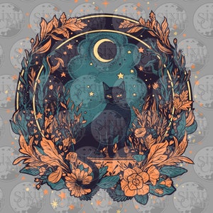Witch’s Cat Intricate Design - Orange/Teal | Printable for Shirts, Stickers, & Coloring | Tattoo Design Style | Digital Download