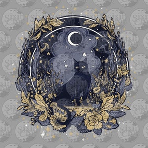Witch’s Cat Intricate Design - Gold/Grey | Printable for Shirts, Stickers, & Coloring | Tattoo Design Style | Digital Download