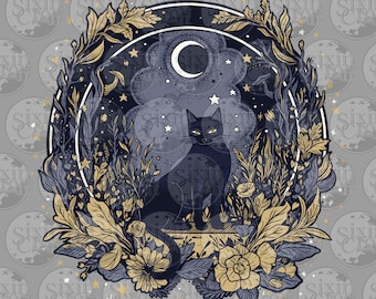 Diseño intrincado del gato de la bruja - Oro/Gris / Imprimible para camisas, pegatinas y colorear / Estilo de diseño de tatuaje / Descarga digital