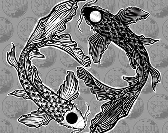 Diseño intrincado de Koi / Imprimible para camisetas, pegatinas, sublimación y coloración / Estilo de diseño de tatuajes / Sólo imagen / Descarga digital