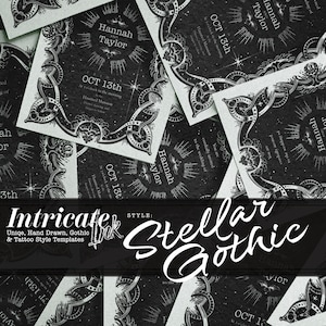 Op de afbeelding: Zwart-witte trouwkaarten met een gotisch ontwerp. De uitnodigingen tonen de namen "Hannah en Taylor" en de datum "OCT 13th". De tekst "Intricate Ink" en "Stellar Gothic" is ook zichtbaar.